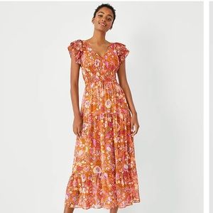 Petite Shimmer Batik Floral Flutter Sleeve Maxi Dress Size 0P